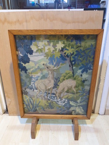 26" Antique Art Deco Embroidered Stag Deer Panel Wooden Fire Screen Guard Front - Picture 18 of 20