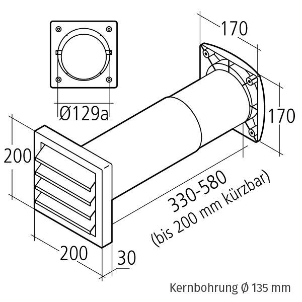 Mauerkasten Dunstabzug Teleskop Ø 125 mm Rohr Edelstahl Rückstauklappe Aeroboy