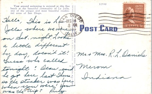 La Jolla, CA Bathing Beach Postcard Posted 1945 - Picture 2 of 2