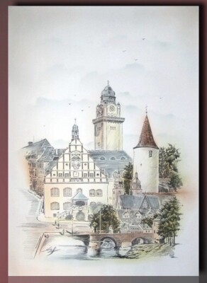 Original Plauen sign.S.Kreft Chemnitz Grafik Zeichnung Gemälde Stadtansichten