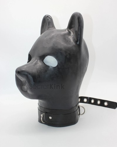 BLACK LATEX PUPPY HOOD RUBBER DOG - EXTRA THICK 2MM WITH LATEX COLLAR PADLOCK - Picture 8 of 10