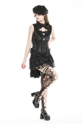 Dark In Love Women Black Gothic Lace Ruffle Trim Tie-Up Sleeveless Top Slim Vest - Picture 11 of 16