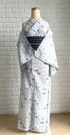 Summer Kimono Yukata Washable Floral Pattern Light Gray/Blue, Used