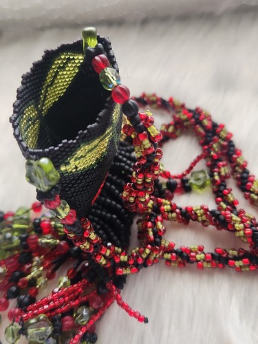Handmade Seed Beads Beaded Pouch 2 Sided Cherries Amulet Bag Fringe Necklace - Picture 9 of 16