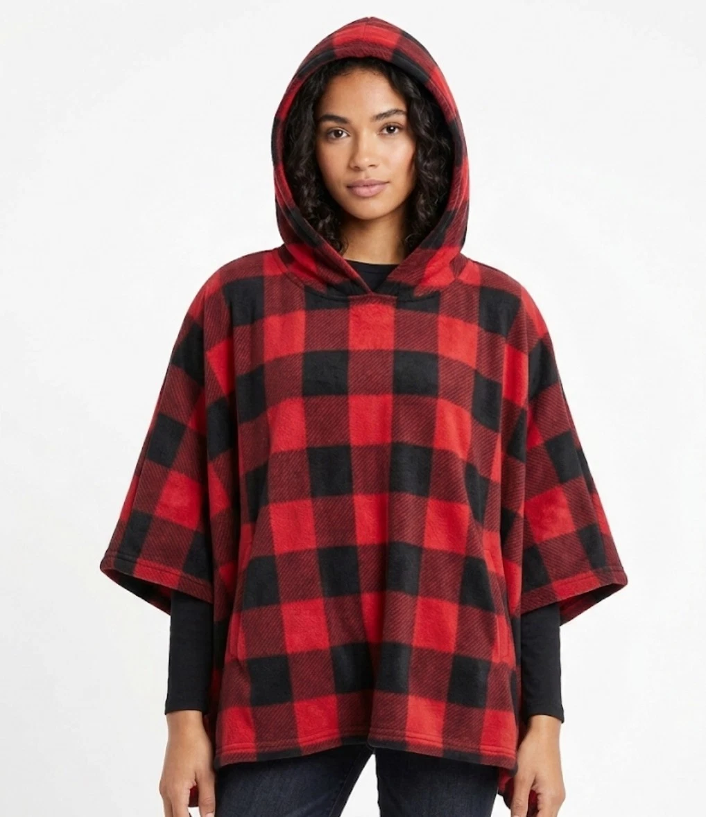 Polar Fleece Cozy Chic Plaid Unisex Hooded Cape Poncho Insulated ONE SIZE Red