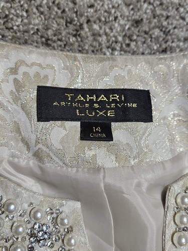 Size 14 Tahari Luxe Beige Gold Embellished Beaded 2Pc Skirt Suit - Picture 2 of 6