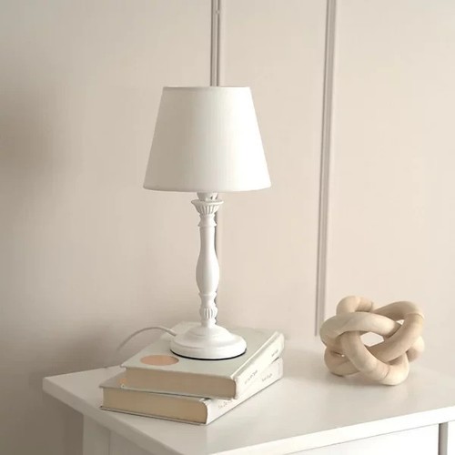Pair of White Wood Candlestick Bedside Table Lamp with a Tapered Shade - Picture 3 of 4