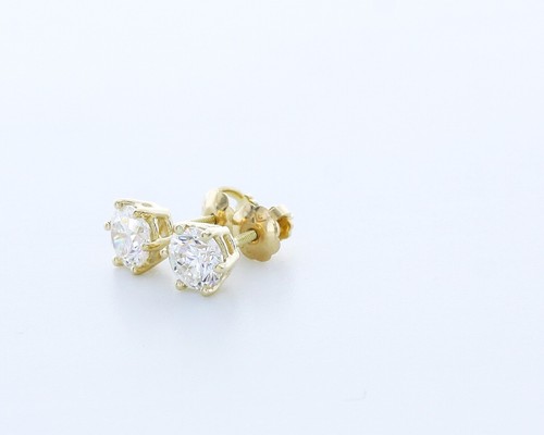 1.0 CT Natural Diamonds F/SI1 Round Cut 14K Yellow Gold 6-Prong Classic Earrings - Picture 2 of 4
