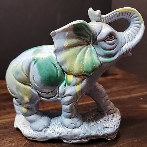 Pretty elephant trunk up blue yellow green mottled Ceramic Figurine 8 In L. Chip - Picture 3 of 16