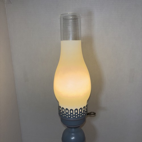 Vintage Toleware 25” Table Lamp Blue With Pink Trim Flower Shade Frosted Chimney - Picture 6 of 11