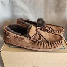 LL Bean Slippers 9 Men's Brown Wicked Good Moccasins Suede Leather Shearling