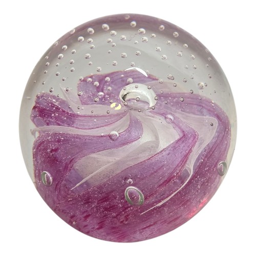 Art Glass Hand Blown Paperweight Pink Purple Flower Bloom Swirls Crystal Bubbles - Picture 4 of 24