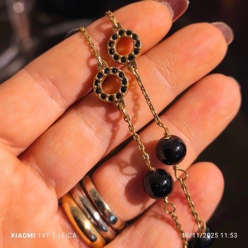 Long Golden Vintage American Necklace With Crystals And Black Spheres - Picture 7 of 7