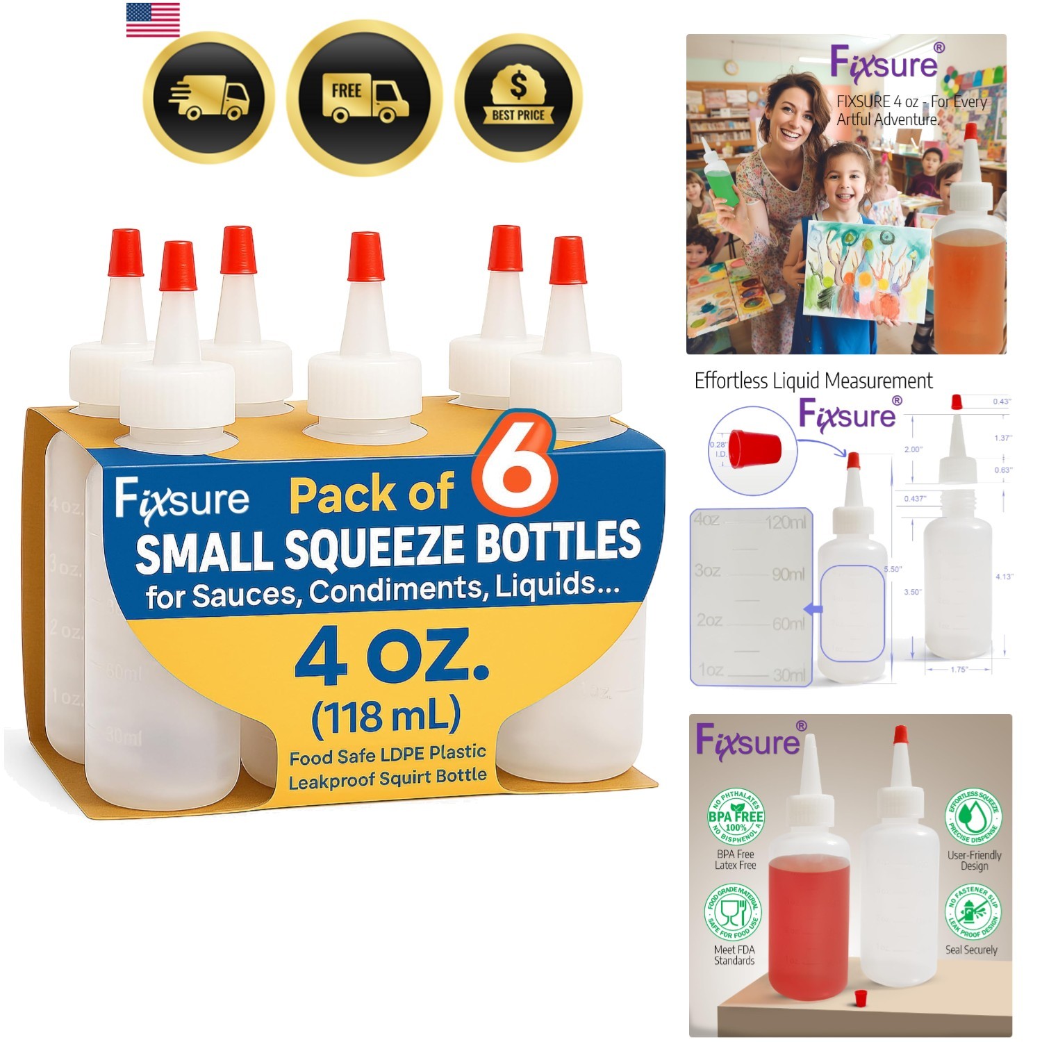 Plastic Squeeze Bottles with Red Tip Cap, 4 Oz Squirt Bottle
