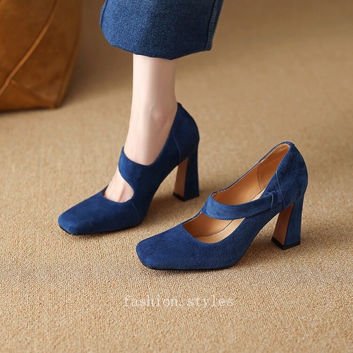 Scarpe donna punta quadrata tacco spesso bocca bassa elastico piatto moda tacco alto - Foto 19 di 24