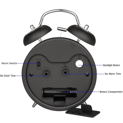 4 Inches Twin Bell Loud Alarm Clock for Heavy Sleepers, Backlight, Battery Op... - Picture 5 of 7