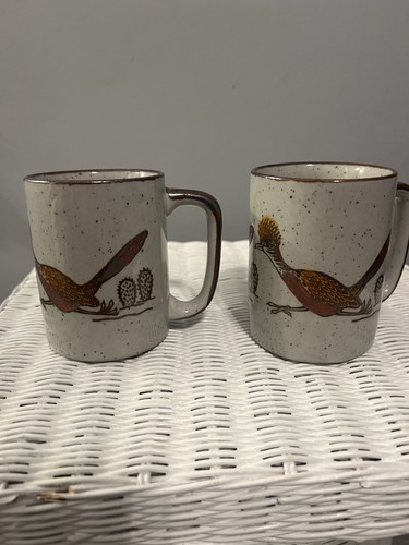 2 PC Vintage OTAGIRI Roadrunner Bird Mug Cup Speckled Stoneware Cactus Desert - Picture 3 of 7