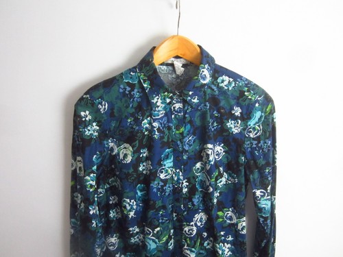 G.H. Bass & Co. Womens L Navy Blue Teal Floral LS Cotton Blend Blouse Shirt - Picture 4 of 8