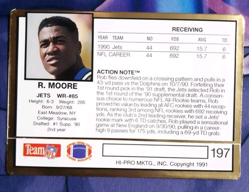 1991 Hi-Pro Mktg Action Packed #197 Rob Moore New York Jets B5600M - Picture 2 of 2