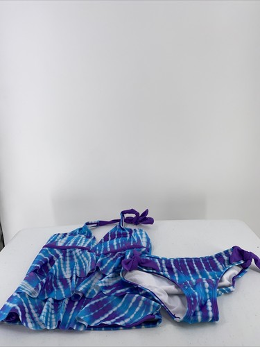Justice Girls Swim Suit 8 1/2 Blue Purple Tie Dye 2 Piece Ruffles Bows - Picture 2 of 15