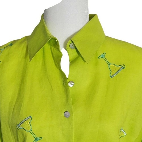 100% Linen Lime Green Chartreuse Novelty Print Embroidered Margarita Blouse Top - Picture 5 of 14