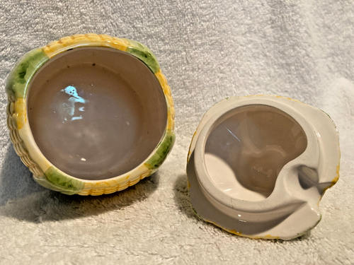 Ear Of Corn Shape Sugar Bowl W/Lid Yellow & Green Ceramic 4 1/2" T x 3 1/2" W - Picture 5 of 6