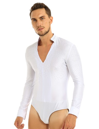 Mens Shiny Long Sleeves Shirt Bodysuit Stand Collar Leotard Jumpsuit Dancewear - Picture 16 of 49