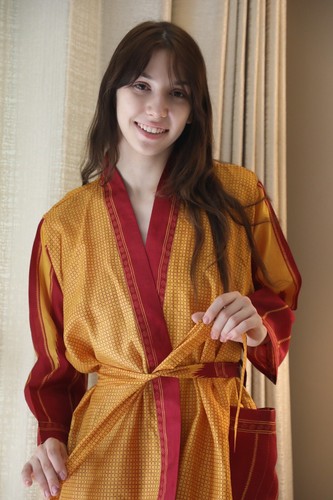 Kimono Lungo In Seta Giallo Per Donna Robe Kimono Gown PS KMO5085 - Foto 6 di 10