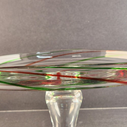 Hand Blown Clear Art Glass Pedestal Cake Plate Red Green Swirls 12.5" d x 5.5" h - Picture 9 of 12