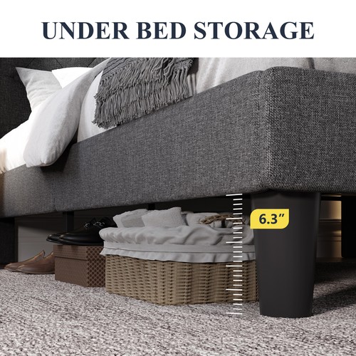 Fabric Platform Bed Frame with Upholstered Headboard and Wingback,Dark Grey - Picture 9 of 29