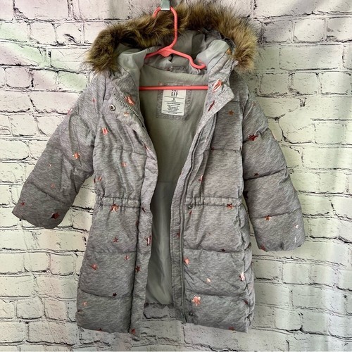 GAP Kids Girls Long Puffer Hooded Jacket Fur Lined Hood Size 5 - Picture 3 of 8