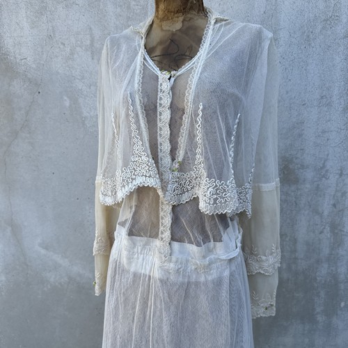 Antique Teens Edwardian White Net Dress Ruffles Embroidery Lace Bridal Vintage - Picture 11 of 24