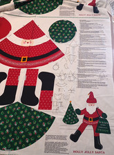 Holly Jolly Santa Fabric Panel Makes 2 Santa Dolls with Bags and Christmas Trees