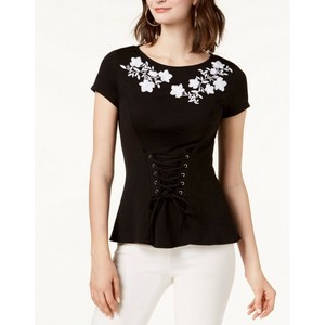 INC-NEW-Women-039-s-Short-sleeve-Embroidered-Corset-Casual-Shirt-Top-TEDO