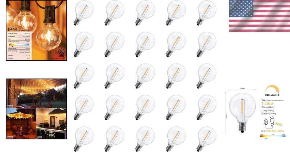 Warm White 1W LED Globe Bulbs - 50 Count Shatterproof E12/C7 Dimmable Lights - Image 2 of 4