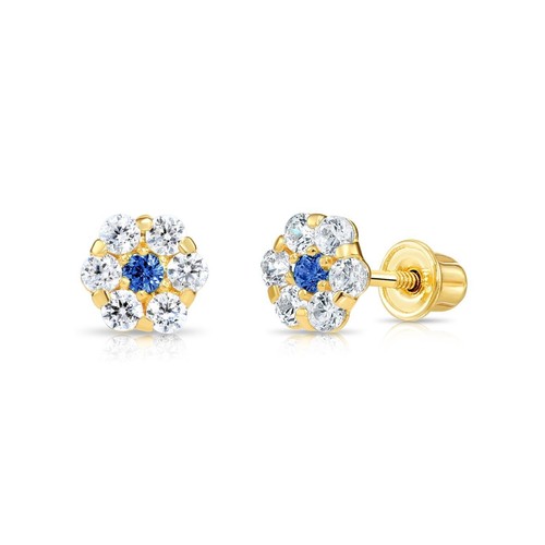 14K Real Solid Gold Flower Halo Birthstone CZ Sleeper Studs Earrings Screw-back - Picture 26 of 33