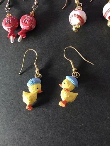 Set Of 3 Charm Earrings - Tootsie Roll Pop-Baseball-Yellow Duck Kitschy Boho Fun - Picture 3 of 7