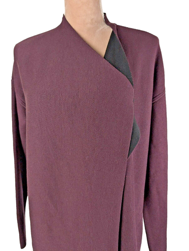Eileen Fisher Silk Cascading Front Cardigan Burgundy Black Open Front Small - Picture 4 of 8