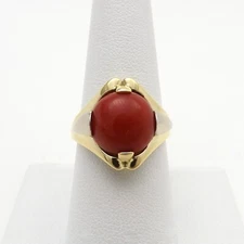 Solid 18k Gold Natural Mediterranean Red Sea Coral Round Setting Ring Italy