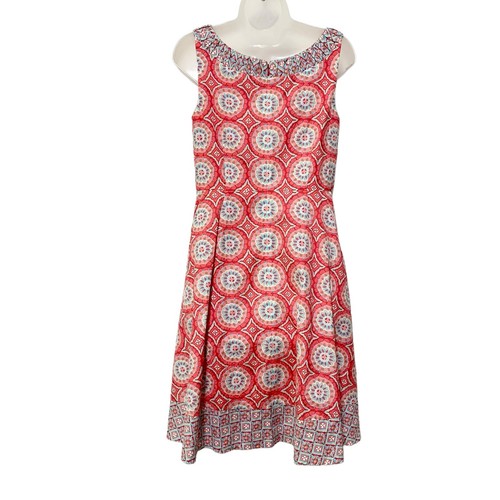 Talbots Dress Size 4P  Fit & Flare Coral Medallion Print Sleeveless Cotton Lined - Picture 5 of 14