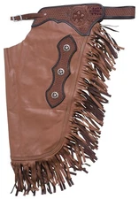 Western Chinks Chaps - Basket Tooled Yoke Smooth Tan Brown Leather - S,M,L,XL