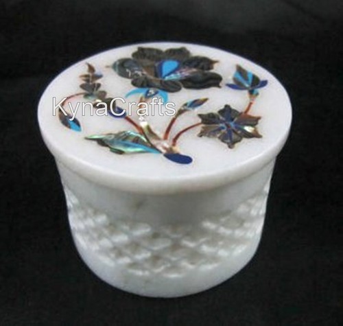 Abalone Shell Inlay Work Engagement Ring Box White Marble Trinket Box 2.5 Inches - Picture 2 of 5