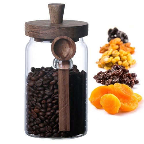 Bamboo Wooden Lid Food Storage Container Kitchen Glass Flavor Jar With Spoon