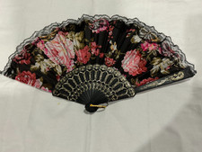 Folding Hand Fan Black Lace Multi Flower Color Design open size 16.5x9"