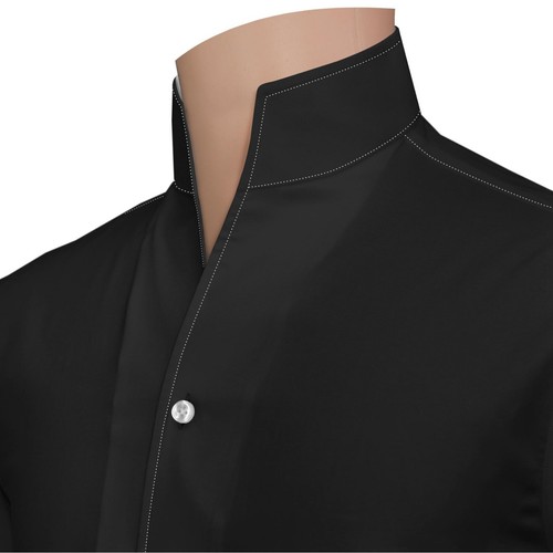 Camicia uomo nera a contrasto punto bianco collo alto aperto stile preppy 100% cotone - Foto 6 di 11