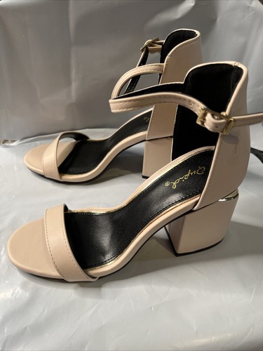 Qupid Women’s Dress shoes nude color 8 with 3 inch heel and gold accents / Strap - Picture 7 of 12