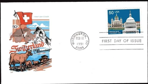 SWITZERLAND 700TH ANNIV ALPS MTNS HAPPY COW  1991   FARNAM CACHET FDC VF UNADDR