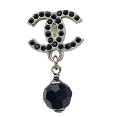 CHANEL CC Logos Black Rhinestone Ball Drop Stud Earrings