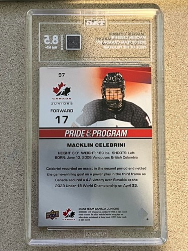 MACKLIN CELEBRINI #97 PRIDE OF THE PROGRAM TAG 8.5 2023 UD TEAM CANADA JUNIORS - Picture 2 of 2