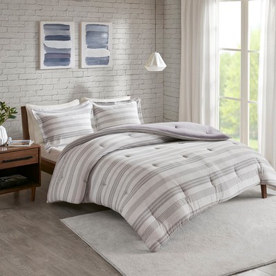 Elegant Grey Navy Cotton Jersey Knit Stripes 3 Pcs Comforter Cal